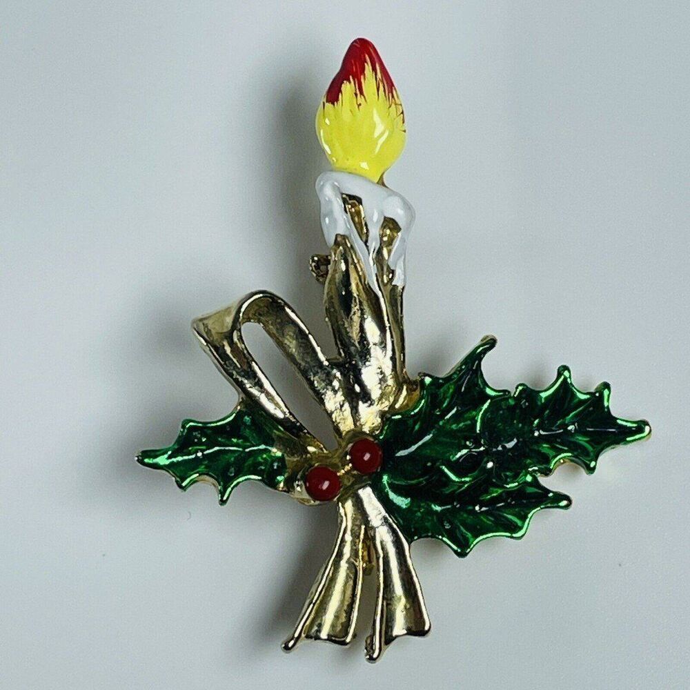 VINTAGE CANDLE BROOCH CHRISTMAS PIN Noel Enamel RETRO COSTUME JEWELRY